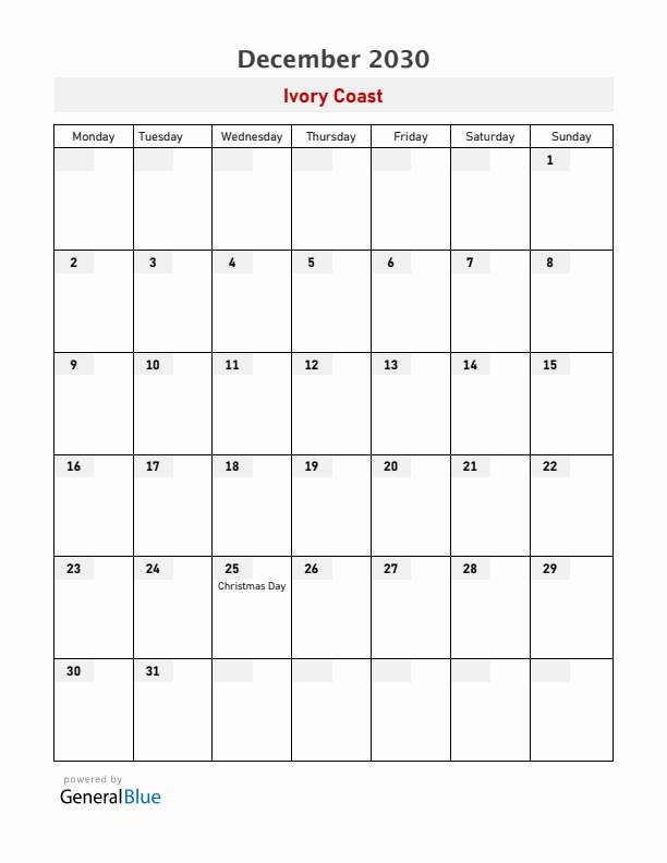 Ivory Coast December 2030 Calendar with Holidays