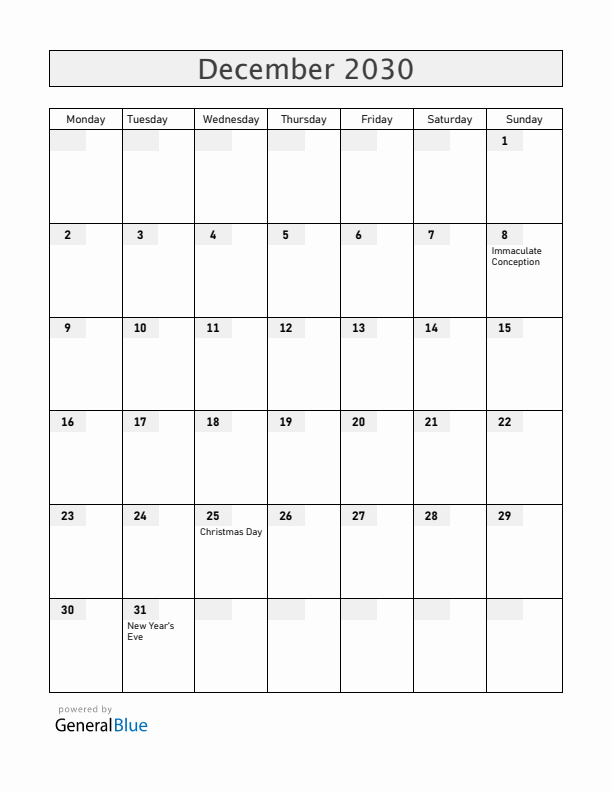 Chile December 2030 Calendar with Holidays