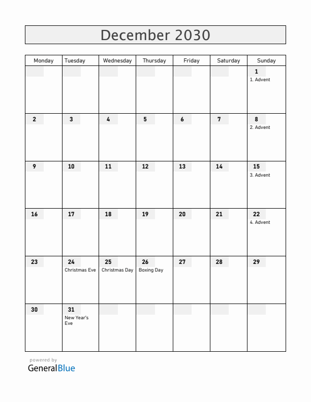 Germany December 2030 Calendar with Holidays