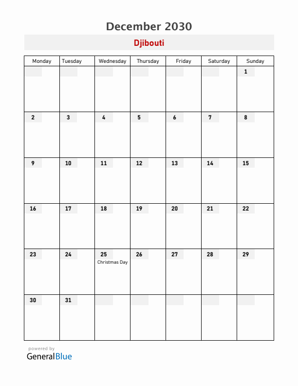 Djibouti December 2030 Calendar with Holidays