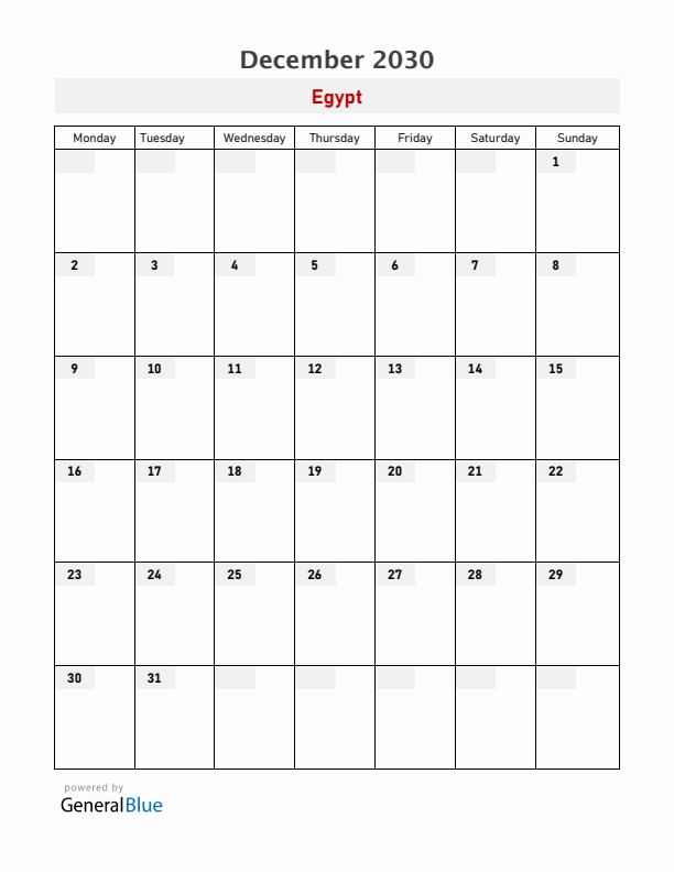 Egypt December 2030 Calendar with Holidays