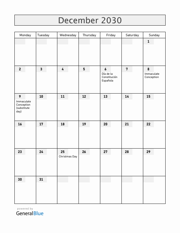 Spain December 2030 Calendar with Holidays