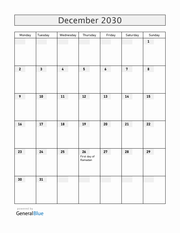 Ethiopia December 2030 Calendar with Holidays