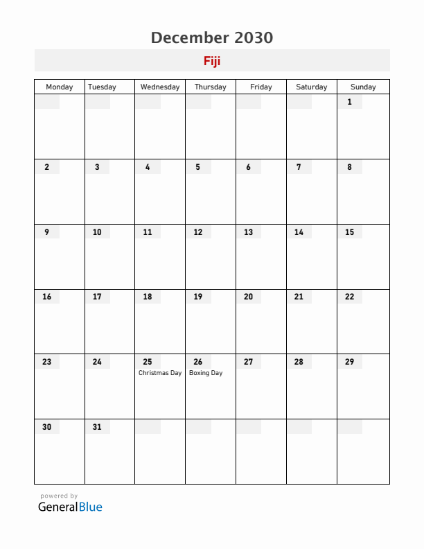 Fiji December 2030 Calendar with Holidays