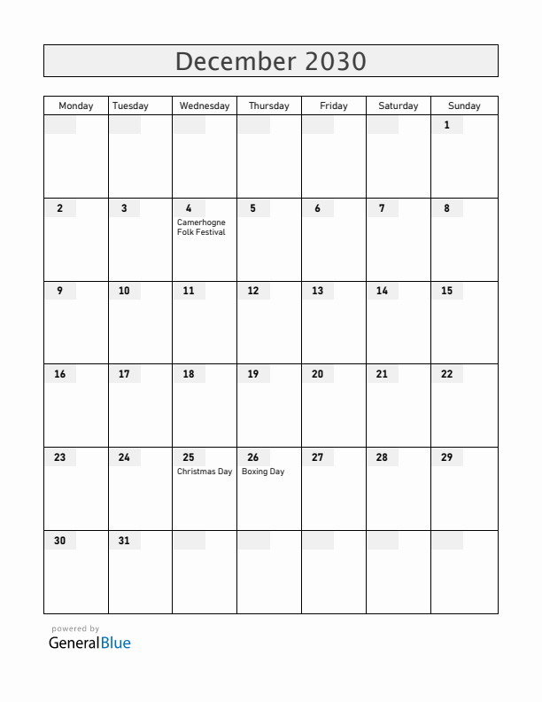 Grenada December 2030 Calendar with Holidays
