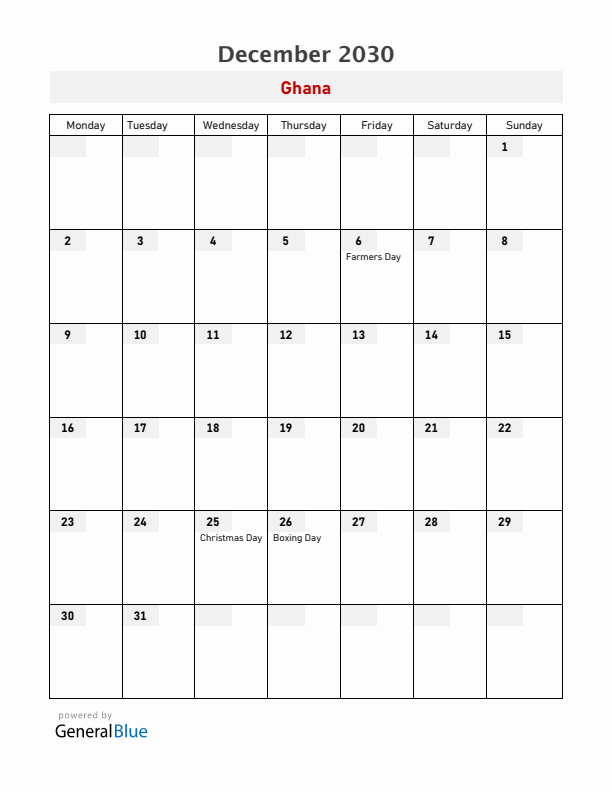 Ghana December 2030 Calendar with Holidays