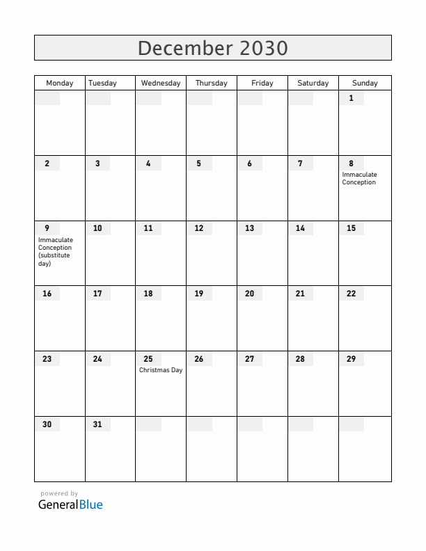 Equatorial Guinea December 2030 Calendar with Holidays