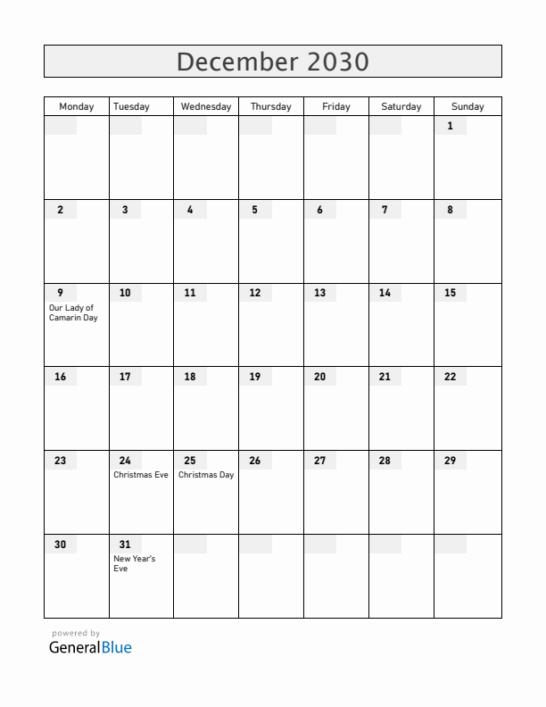 Guam December 2030 Calendar with Holidays
