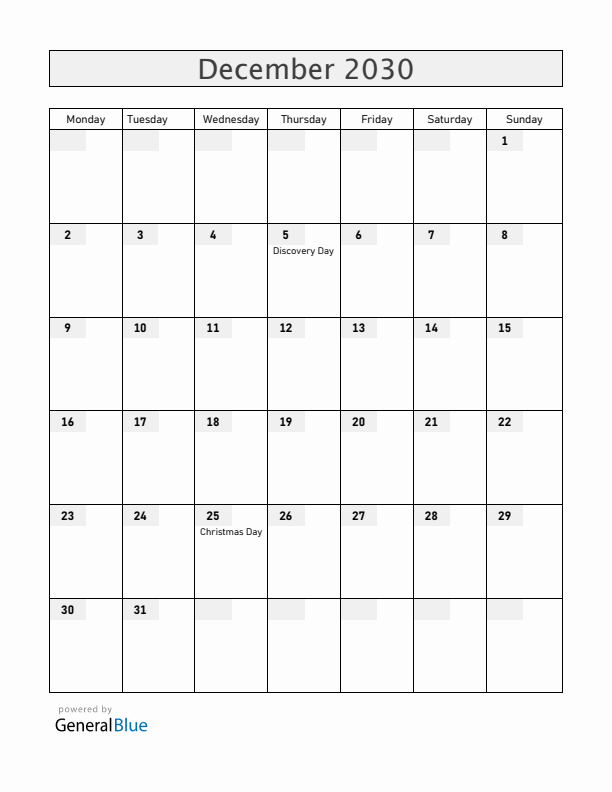 Haiti December 2030 Calendar with Holidays