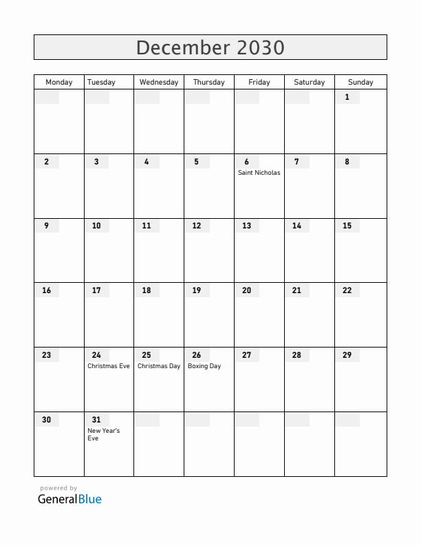 Hungary December 2030 Calendar with Holidays