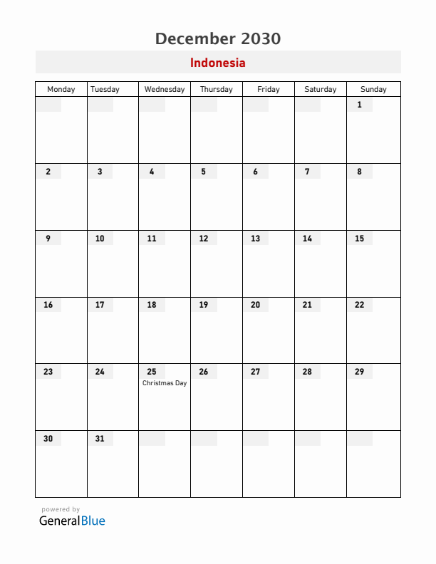 Indonesia December 2030 Calendar with Holidays