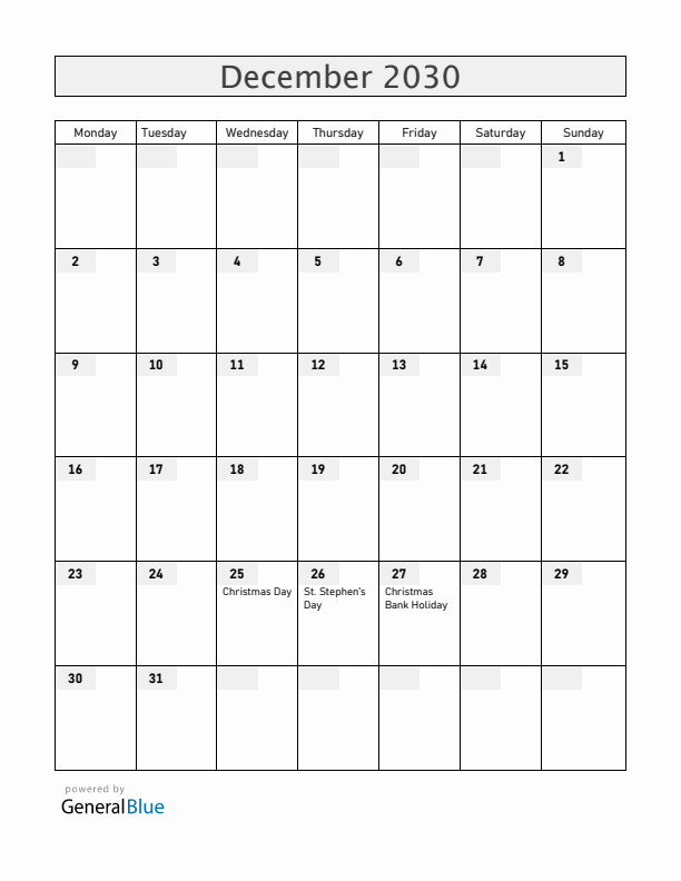 Ireland December 2030 Calendar with Holidays