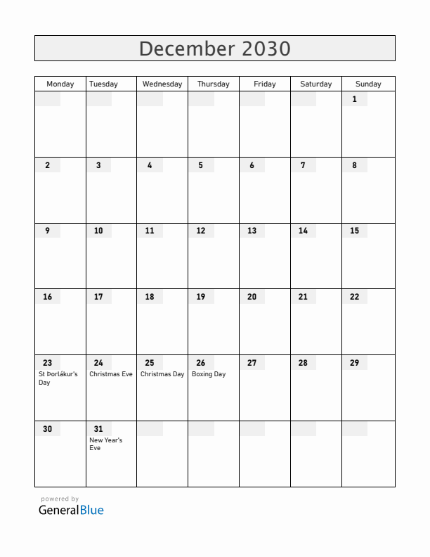 Iceland December 2030 Calendar with Holidays
