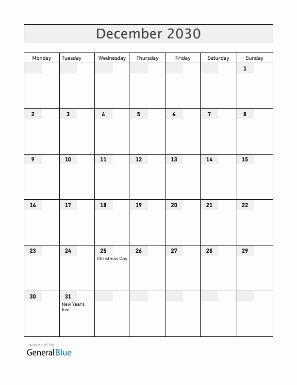 Japan December 2030 Calendar with Holidays