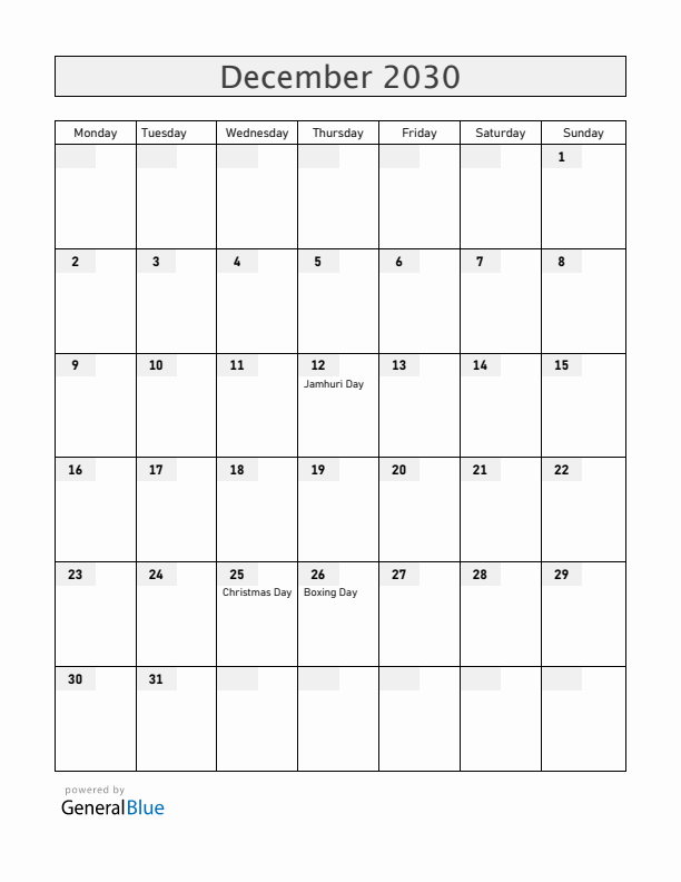 Kenya December 2030 Calendar with Holidays