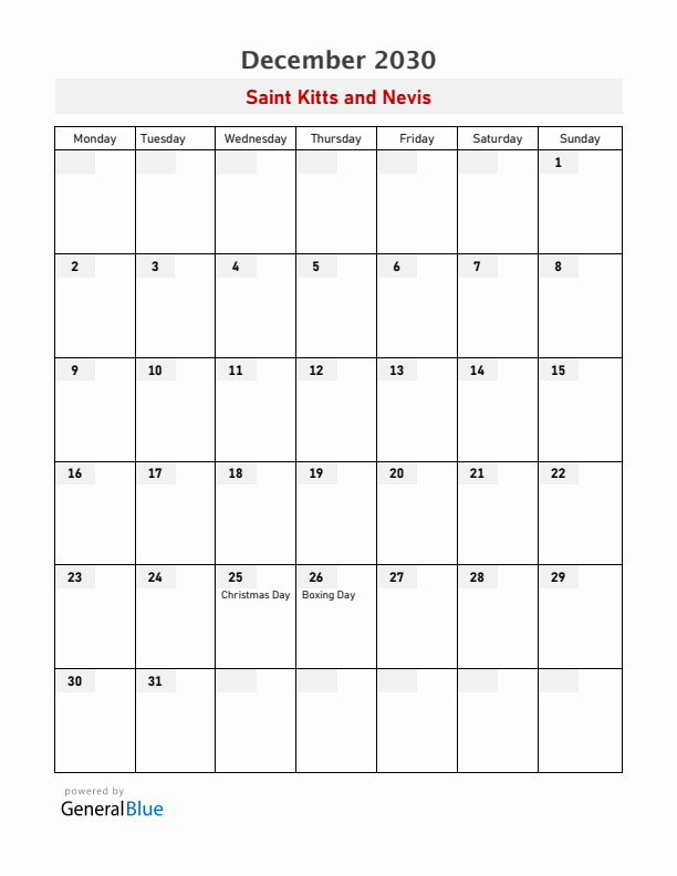 Saint Kitts and Nevis December 2030 Calendar with Holidays