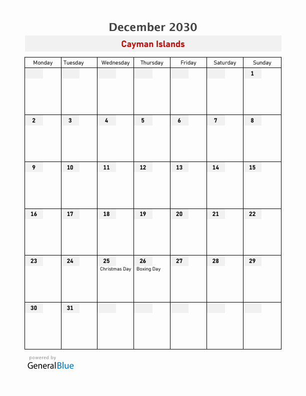 Cayman Islands December 2030 Calendar with Holidays