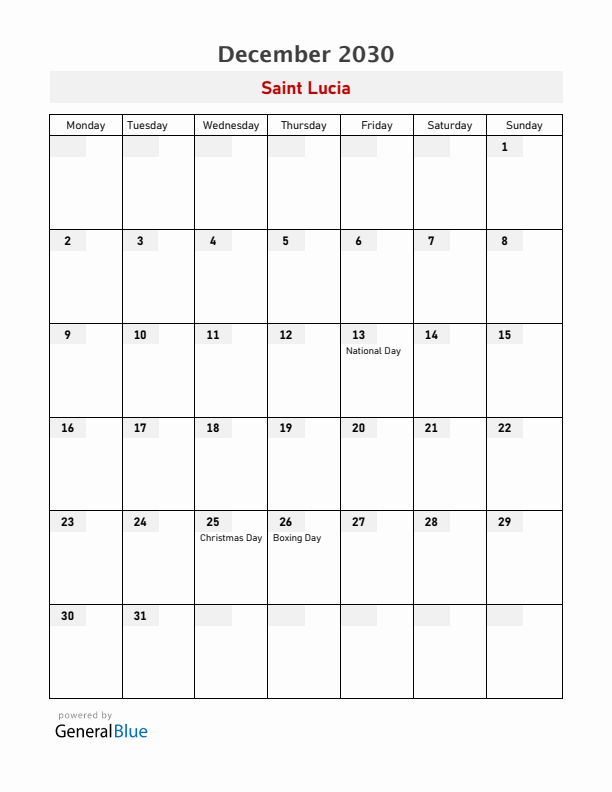 Saint Lucia December 2030 Calendar with Holidays