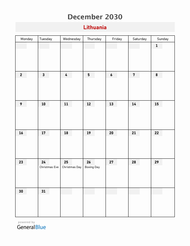 Lithuania December 2030 Calendar with Holidays