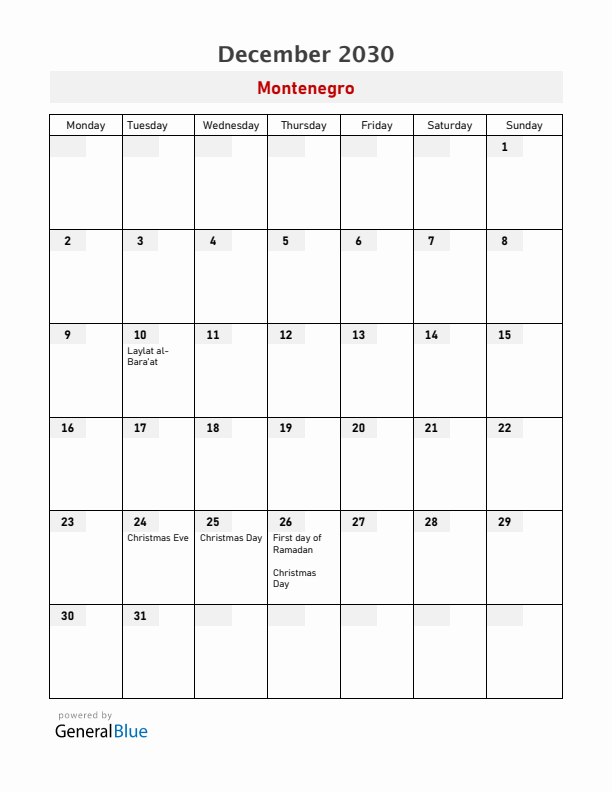 Montenegro December 2030 Calendar with Holidays