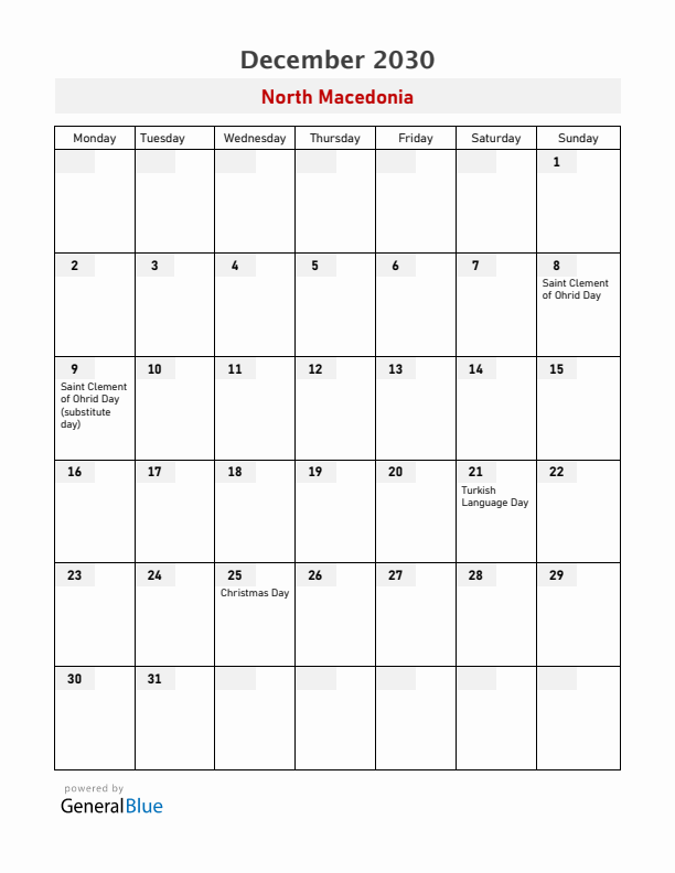 North Macedonia December 2030 Calendar with Holidays