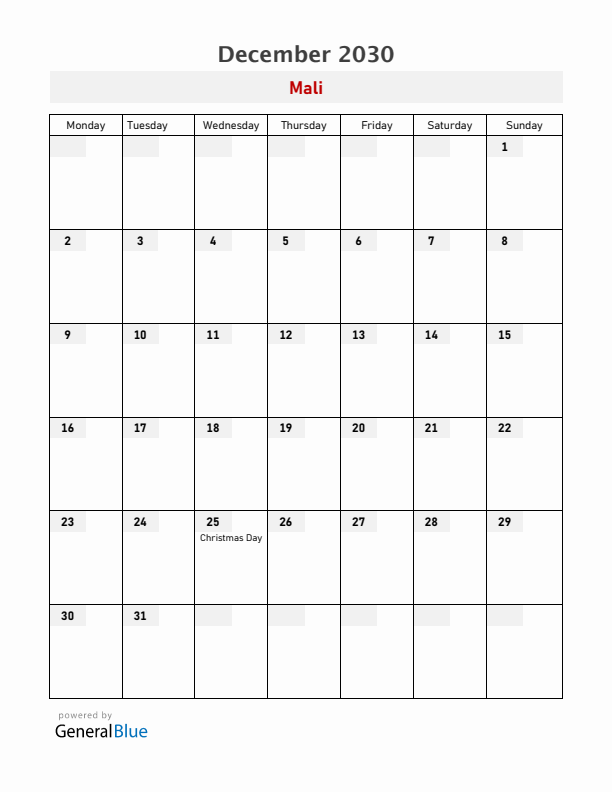 Mali December 2030 Calendar with Holidays