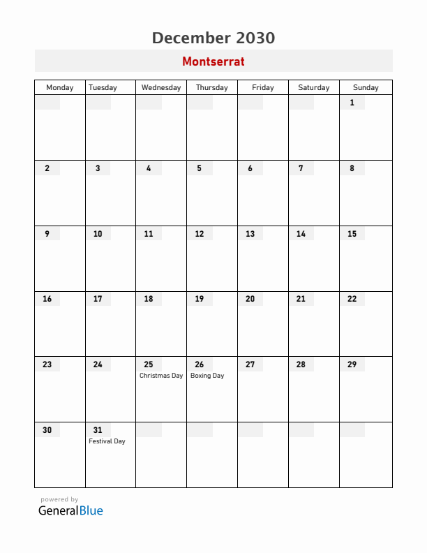 Montserrat December 2030 Calendar with Holidays