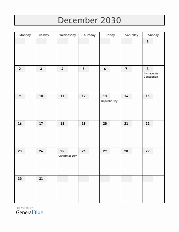Malta December 2030 Calendar with Holidays
