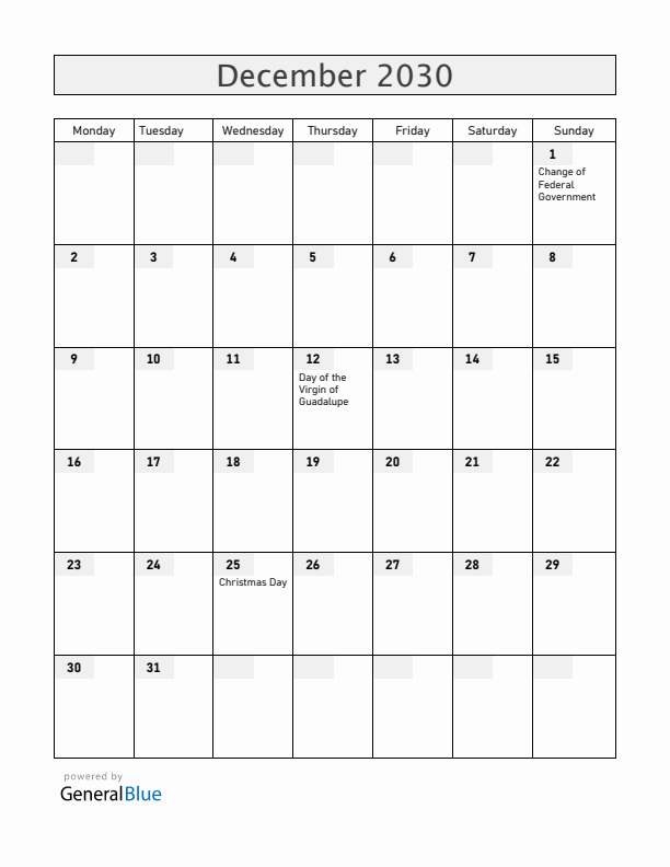Mexico December 2030 Calendar with Holidays