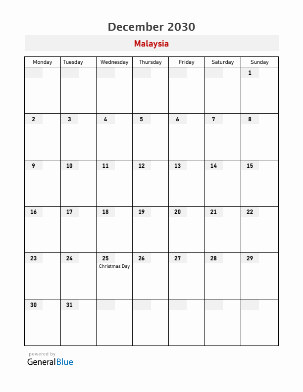 Malaysia December 2030 Calendar with Holidays