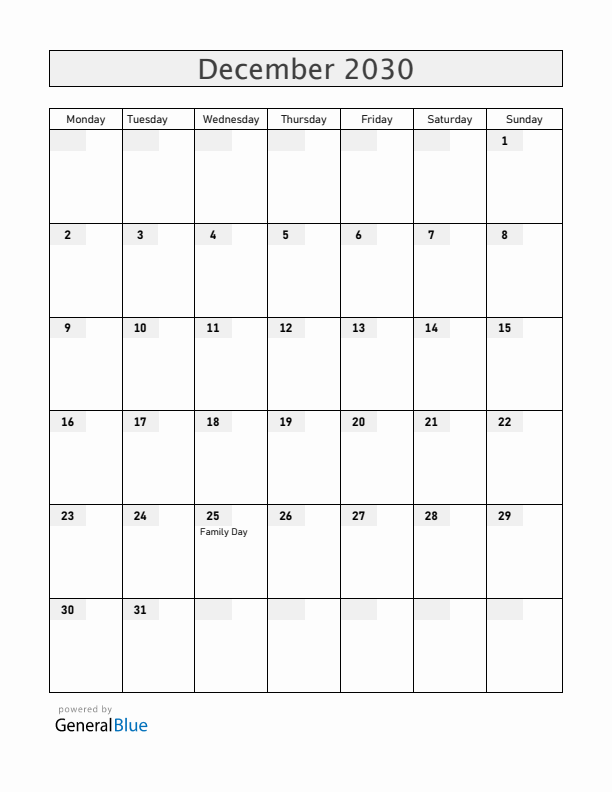 Mozambique December 2030 Calendar with Holidays