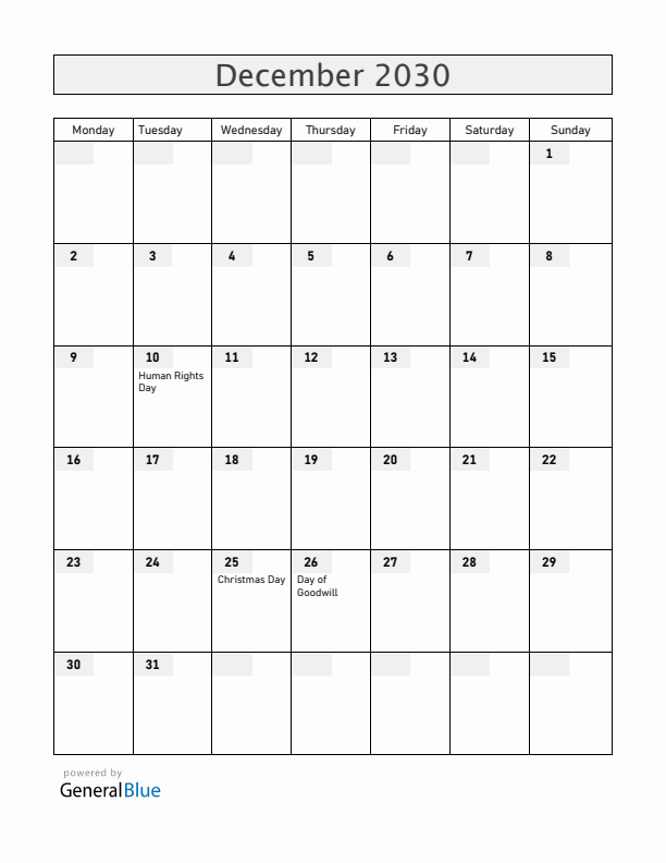 Namibia December 2030 Calendar with Holidays