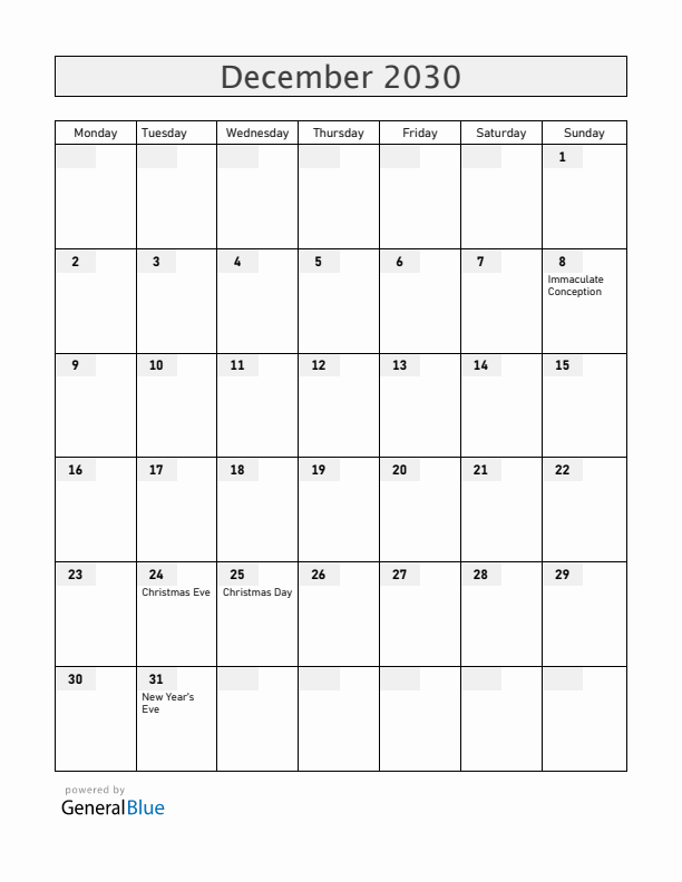 Nicaragua December 2030 Calendar with Holidays