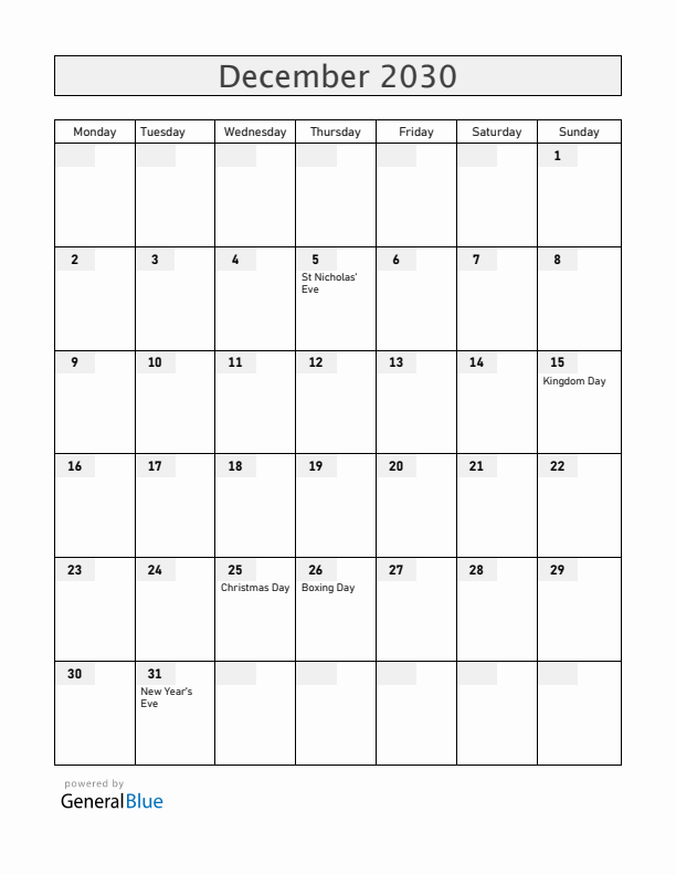 The Netherlands December 2030 Calendar with Holidays