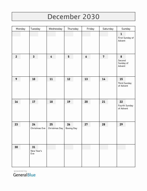 Norway December 2030 Calendar with Holidays
