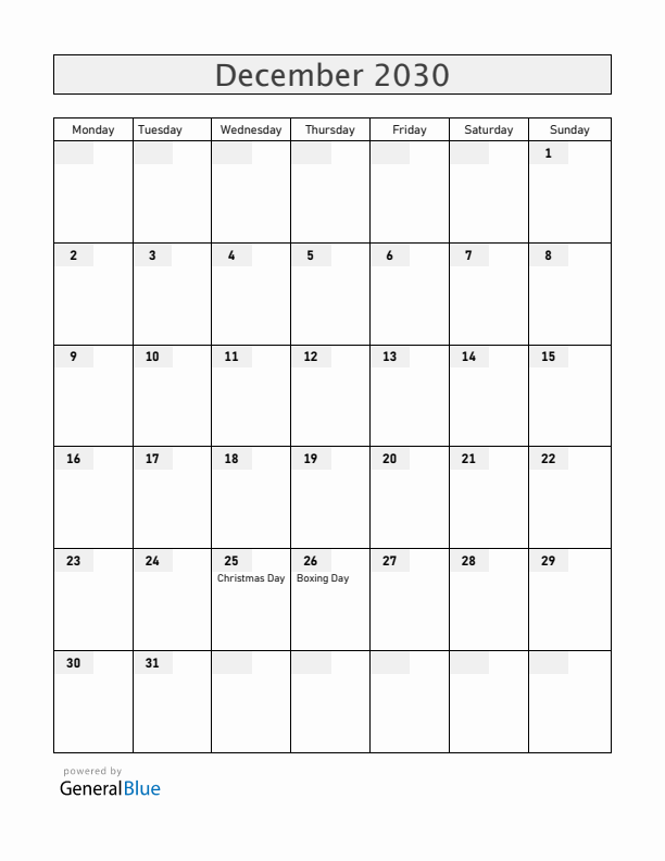 New Zealand December 2030 Calendar with Holidays