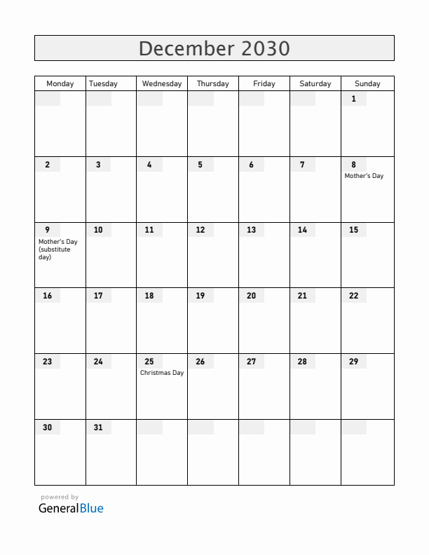 Panama December 2030 Calendar with Holidays
