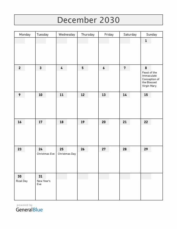 Philippines December 2030 Calendar with Holidays
