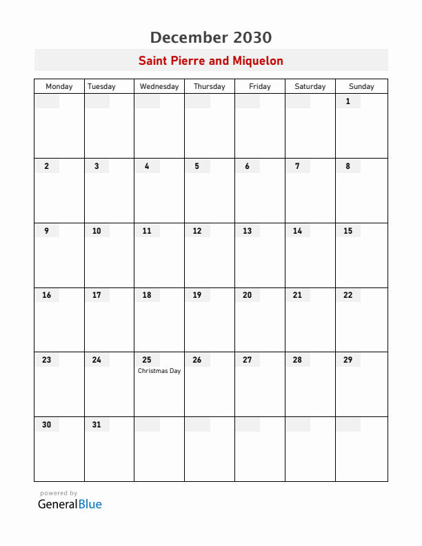 Saint Pierre and Miquelon December 2030 Calendar with Holidays