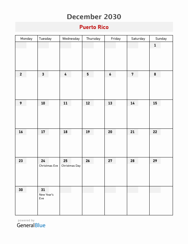 Puerto Rico December 2030 Calendar with Holidays