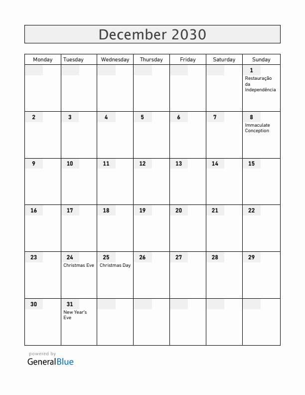 Portugal December 2030 Calendar with Holidays