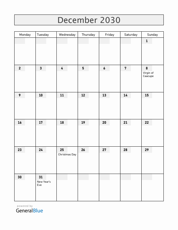 Paraguay December 2030 Calendar with Holidays