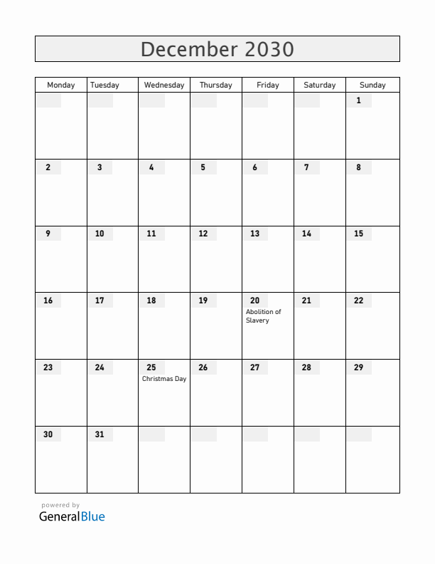 Reunion December 2030 Calendar with Holidays