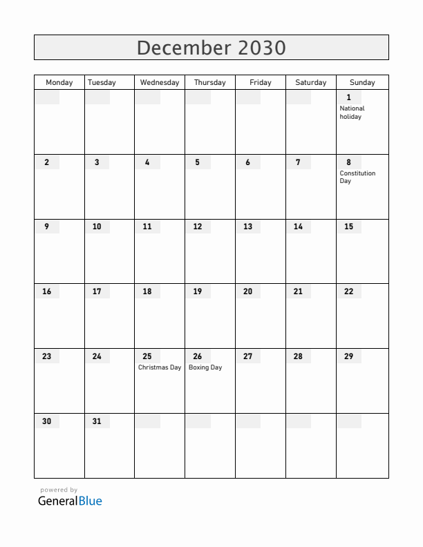 Romania December 2030 Calendar with Holidays