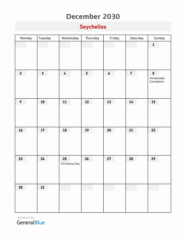 Seychelles December 2030 Calendar with Holidays
