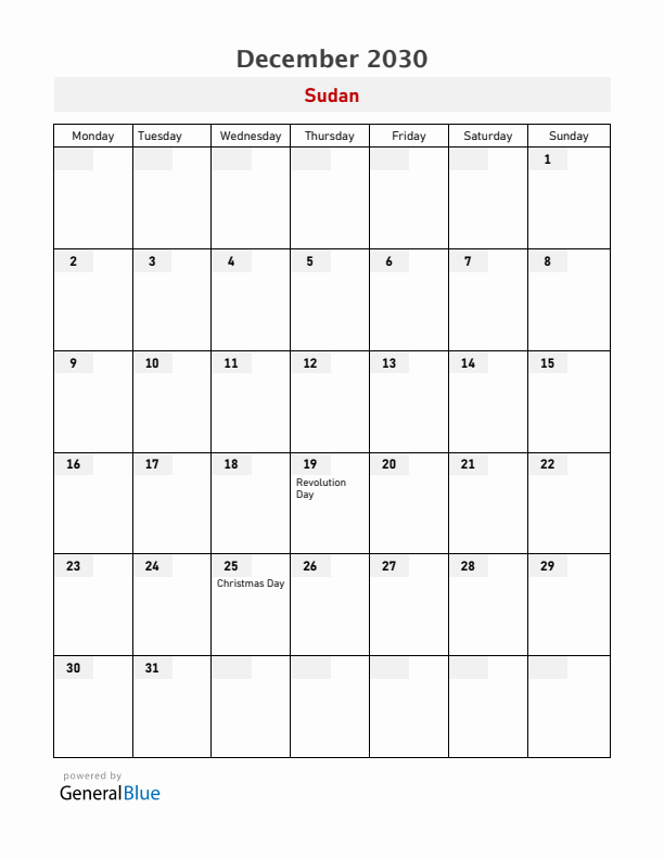 Sudan December 2030 Calendar with Holidays