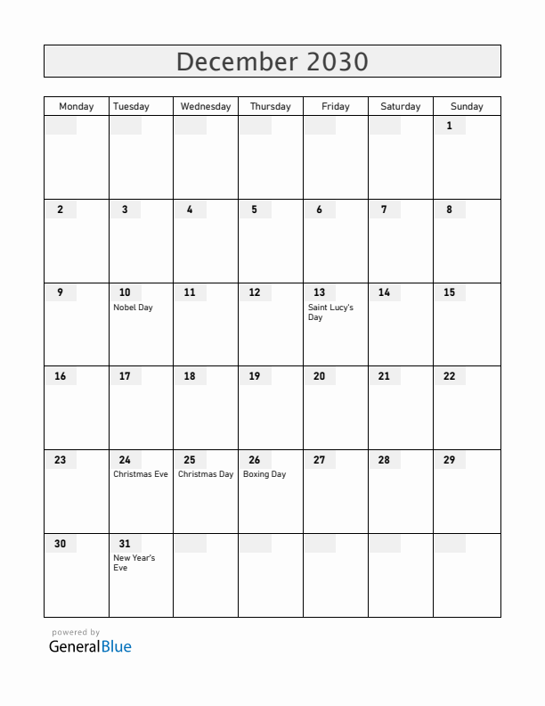 Sweden December 2030 Calendar with Holidays