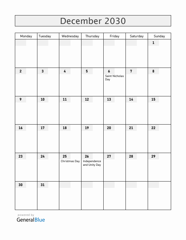 Slovenia December 2030 Calendar with Holidays