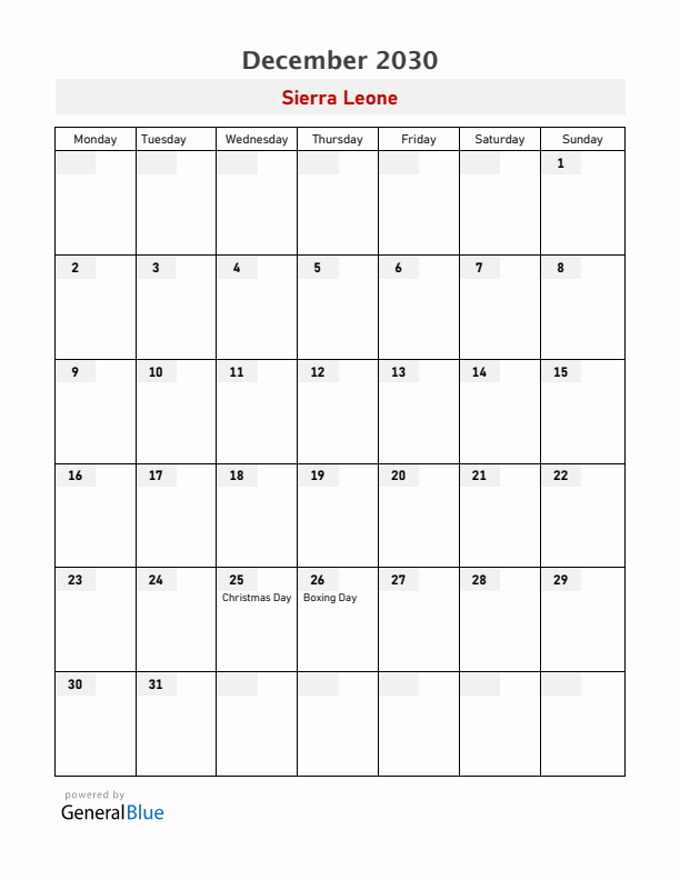 Sierra Leone December 2030 Calendar with Holidays