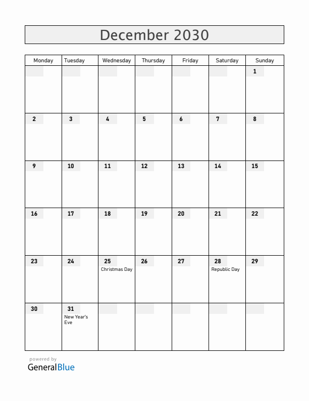 South Sudan December 2030 Calendar with Holidays